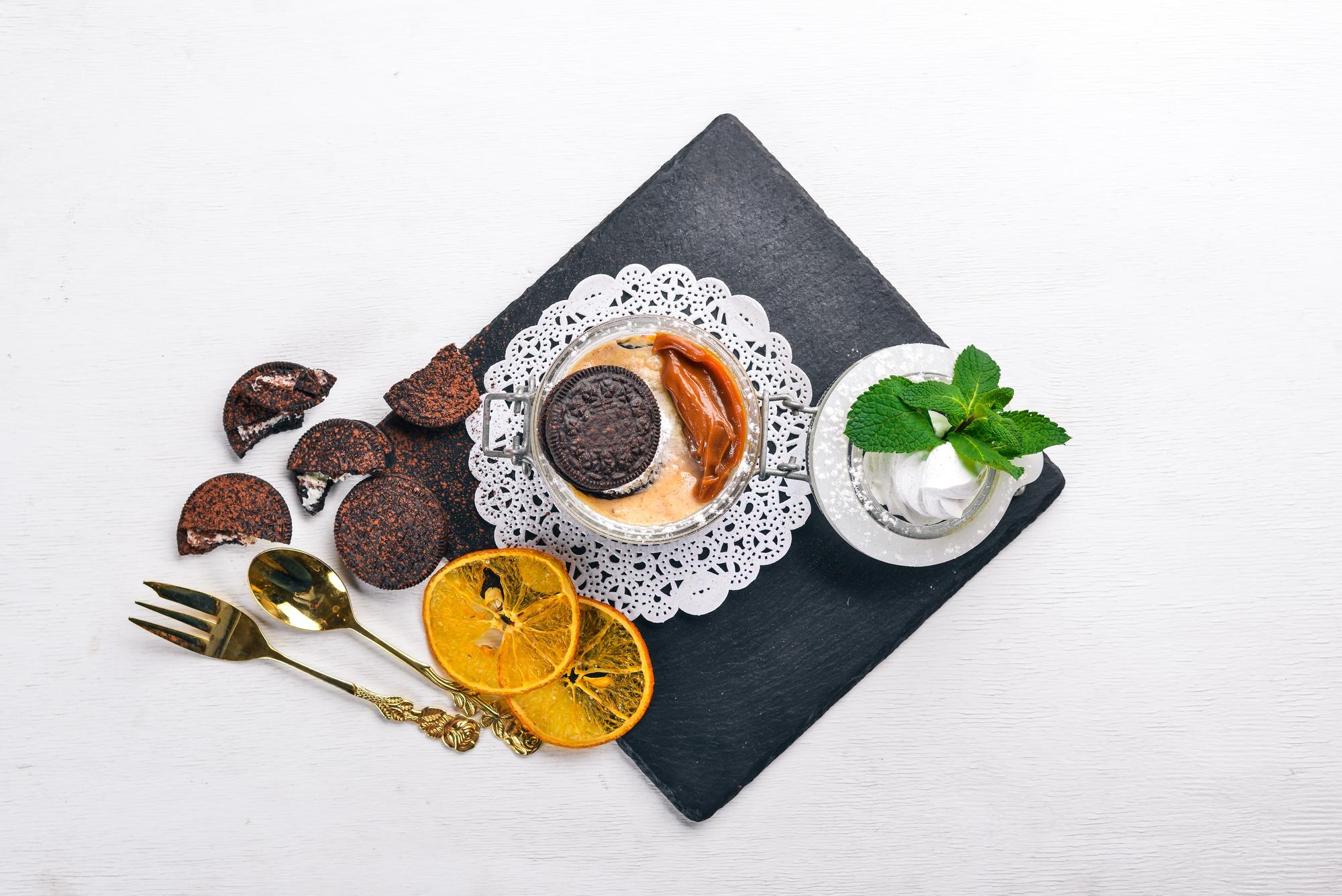 Assorted plated desserts on a wooden table